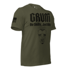 Military green shirt angled left with a black "GRUNT" skull graphic, EGA sleeve emblem, and a black sleeve flag.