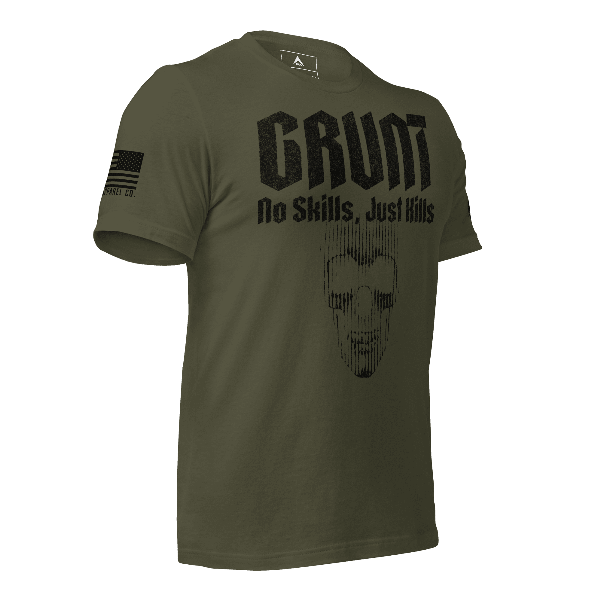 Military green shirt angled left with a black "GRUNT" skull graphic, EGA sleeve emblem, and a black sleeve flag.