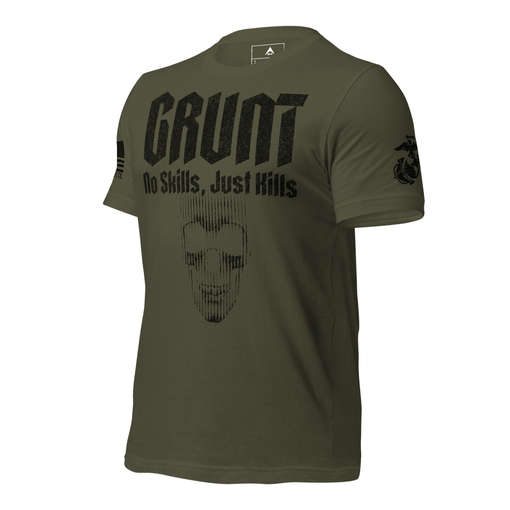 Military green shirt angled right with a black "GRUNT" skull graphic, APPAREL CO. text, and a black sleeve flag.