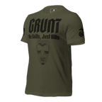 Military green shirt angled right with a black "GRUNT" skull graphic, APPAREL CO. text, and a black sleeve flag.