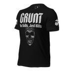 Black t-shirt angled right featuring a white "GRUNT" skull graphic, DIA APPAREL CO. text, and a white sleeve flag.