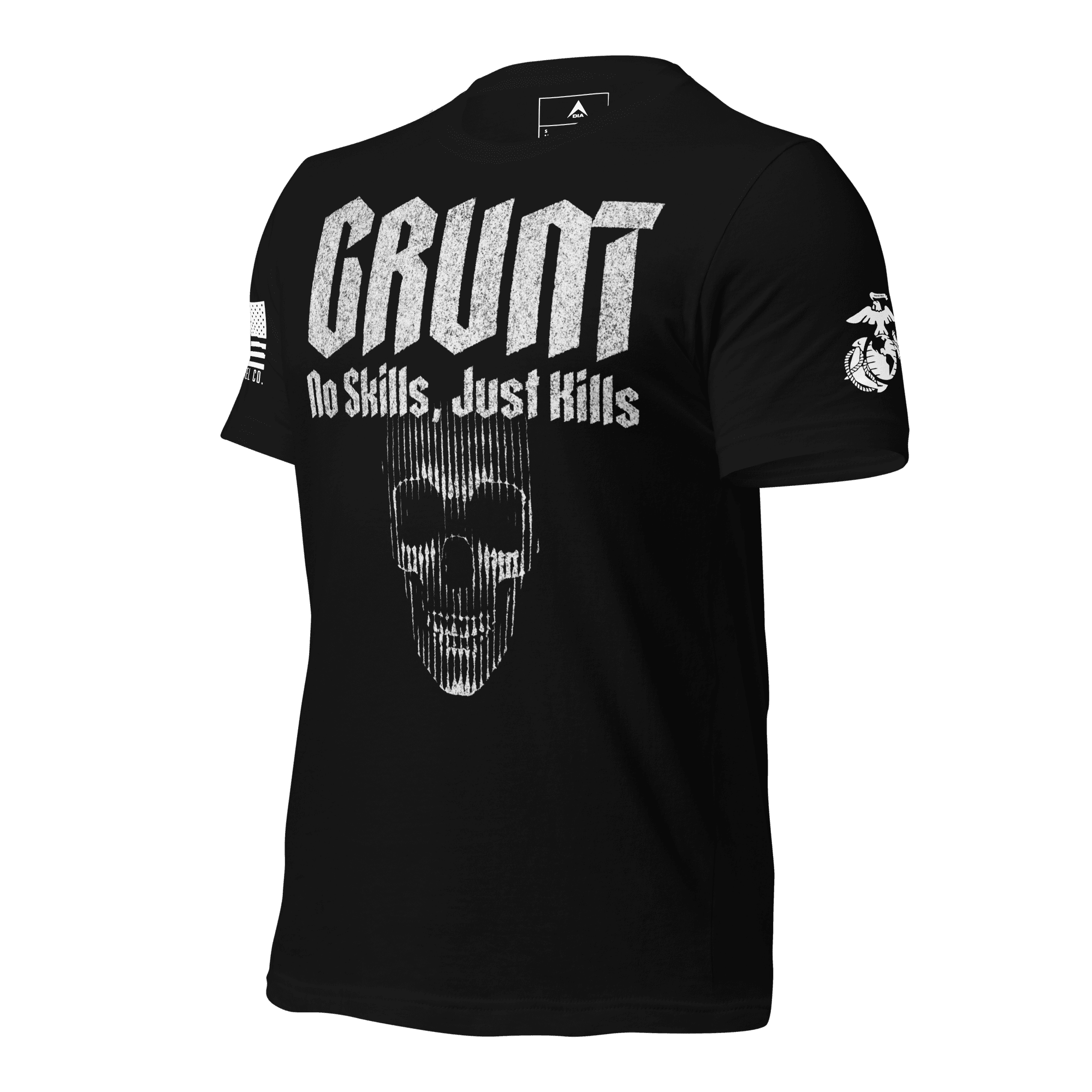 Black t-shirt angled right featuring a white "GRUNT" skull graphic, DIA APPAREL CO. text, and a white sleeve flag.