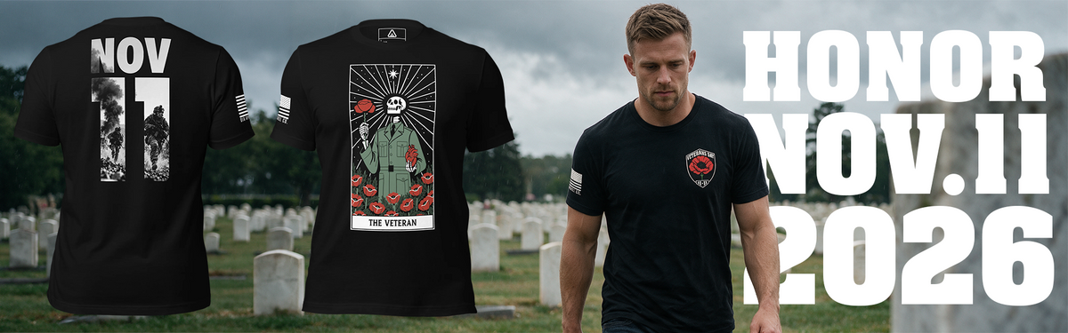 Man walking in a cemetery alongside black Veterans Day t-shirt designs and "HONOR NOV 11 2026" text.