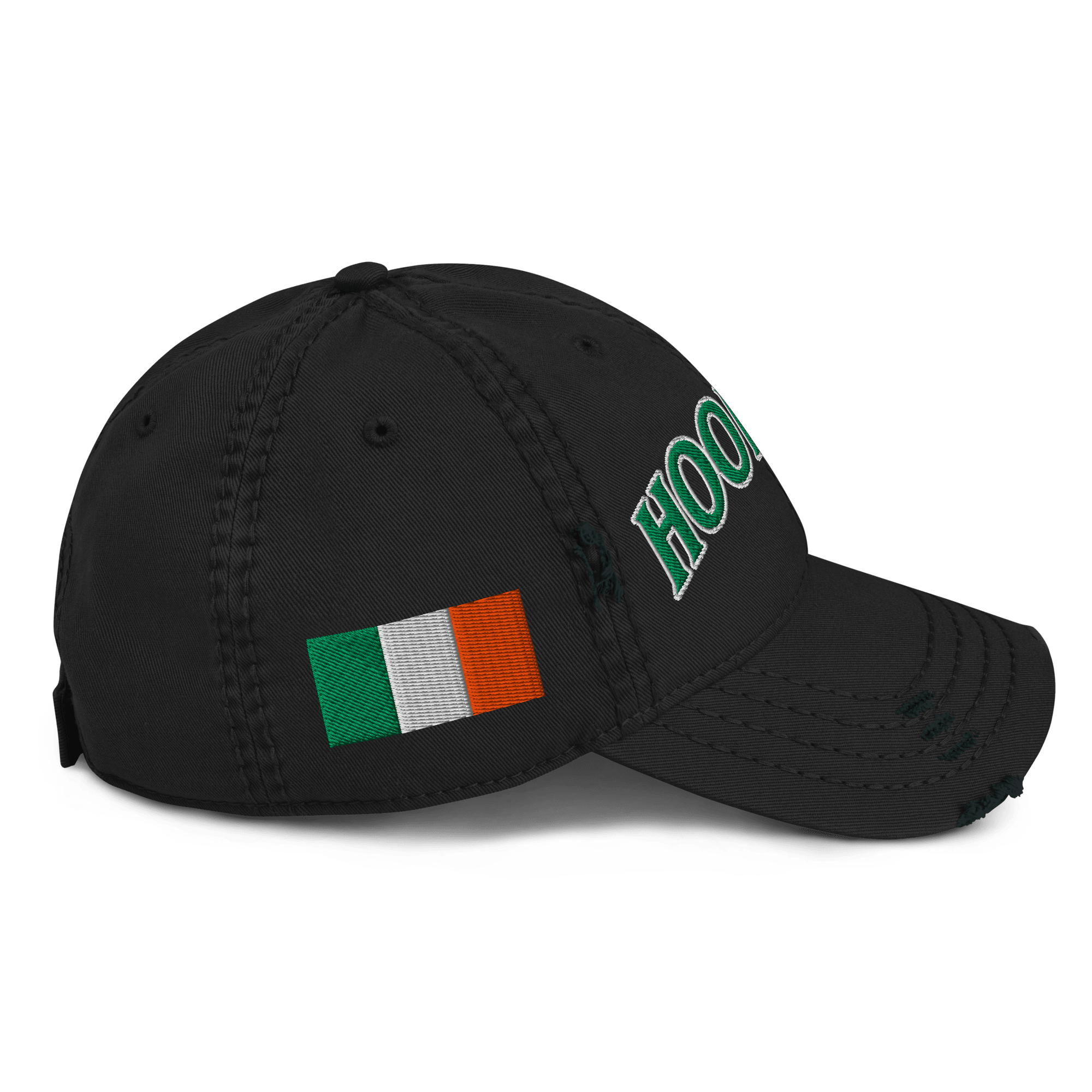Black distressed baseball cap viewed from right side, featuring green "HOOLIGAN" text and an Irish flag.