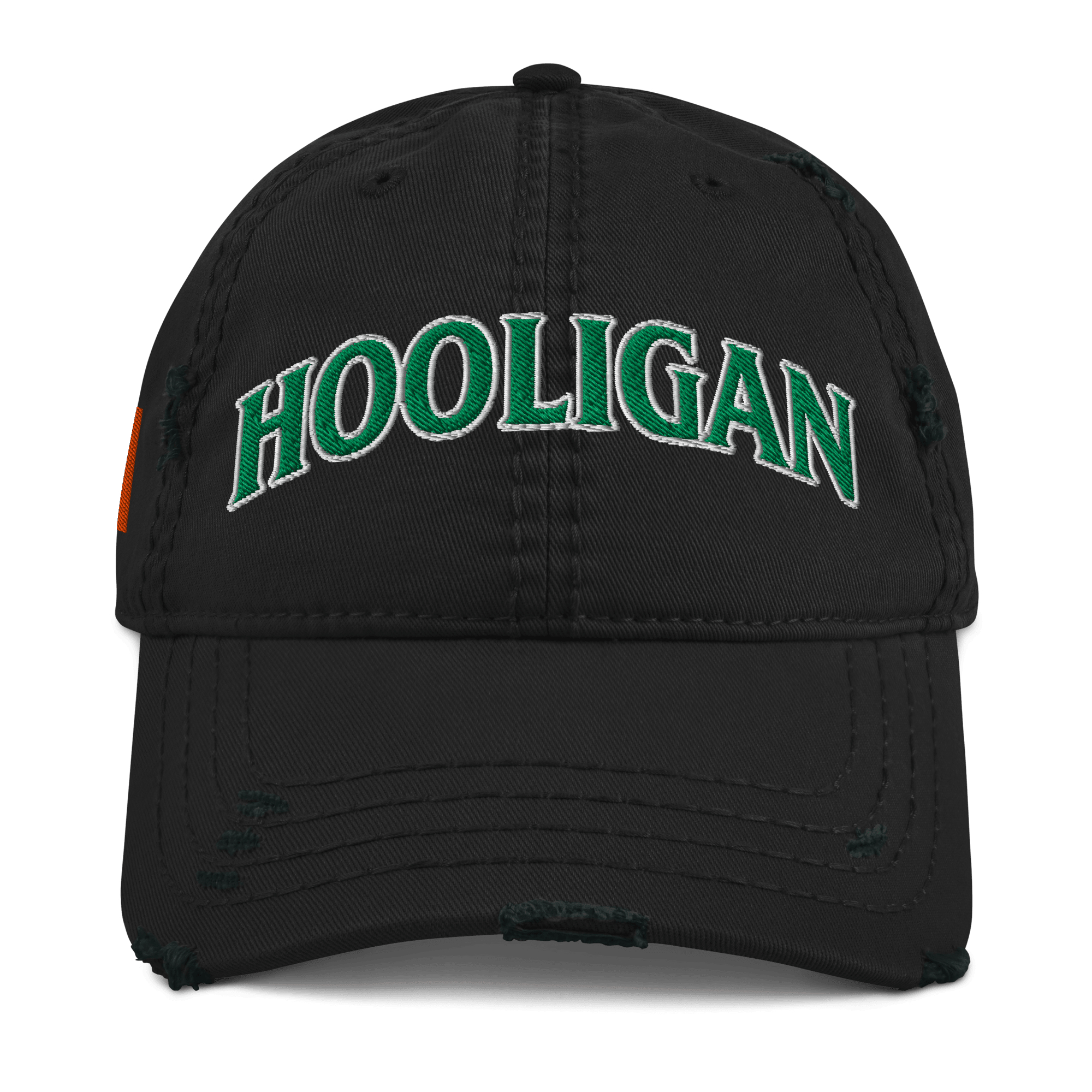 Black distressed baseball cap, HOOLIGAN text in green embroidery on front, small Irish flag detail on the side.