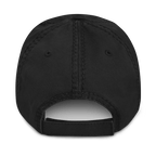 Black baseball cap, rear view, featuring distressed fabric and adjustable strap.