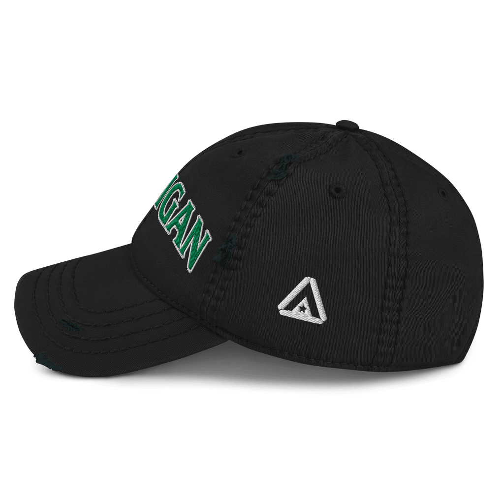 Black distressed baseball cap, left side profile view, featuring green "HOOLIGAN" text and embroidered DIA logo.