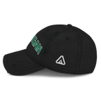 Black distressed baseball cap, left side profile view, featuring green "HOOLIGAN" text and embroidered DIA logo.