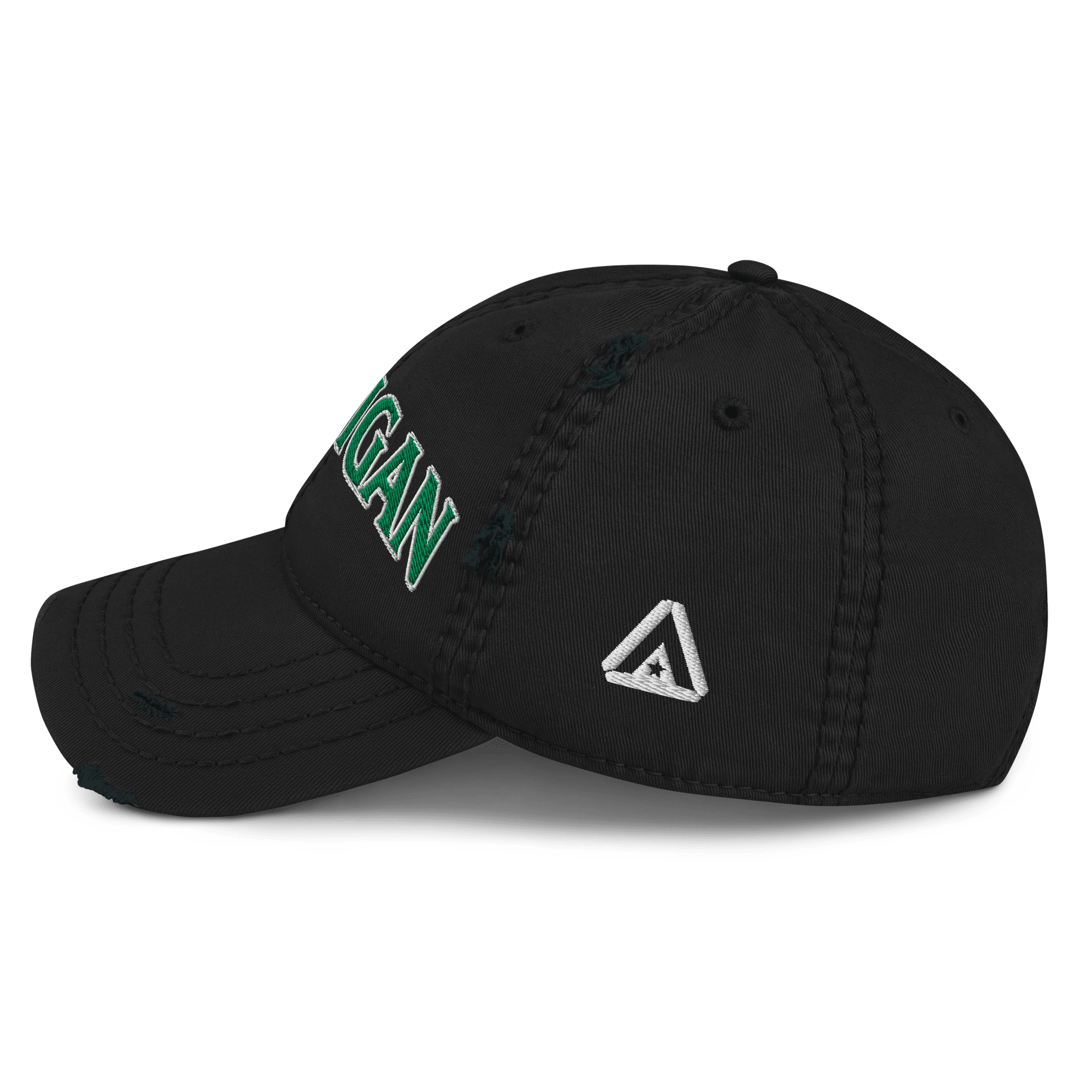 Black distressed baseball cap, left side profile view, featuring green "HOOLIGAN" text and embroidered DIA logo.