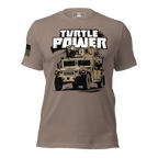Tan t-shirt with a tan Humvee graphic, "TURTLE POWER" text, and a black American flag on the right sleeve.