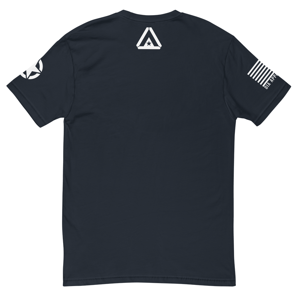 Navy t-shirt back view, featuring a white DIA logo below the collar, with star and flag sleeve graphics.