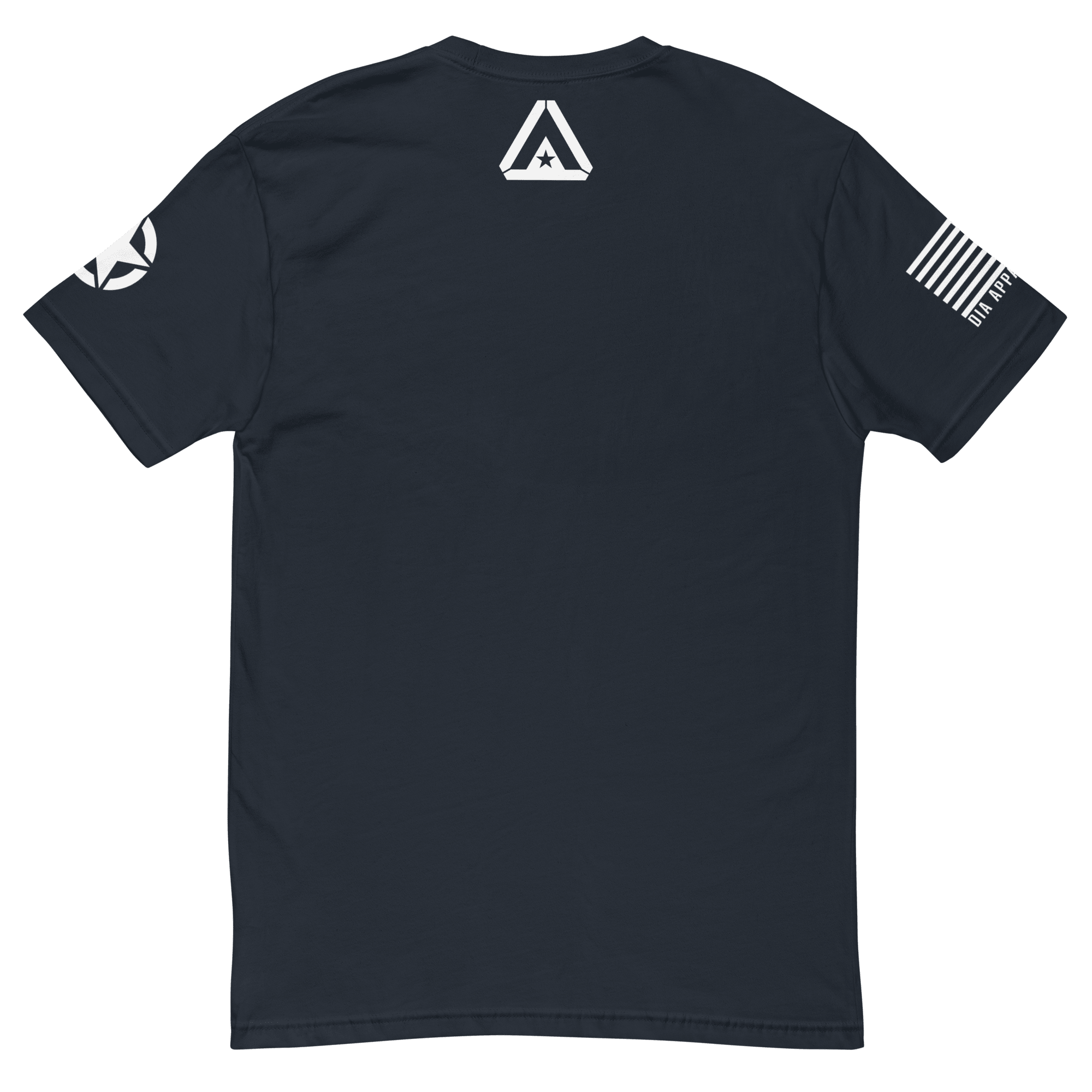 Navy t-shirt back view, featuring a white DIA logo below the collar, with star and flag sleeve graphics.