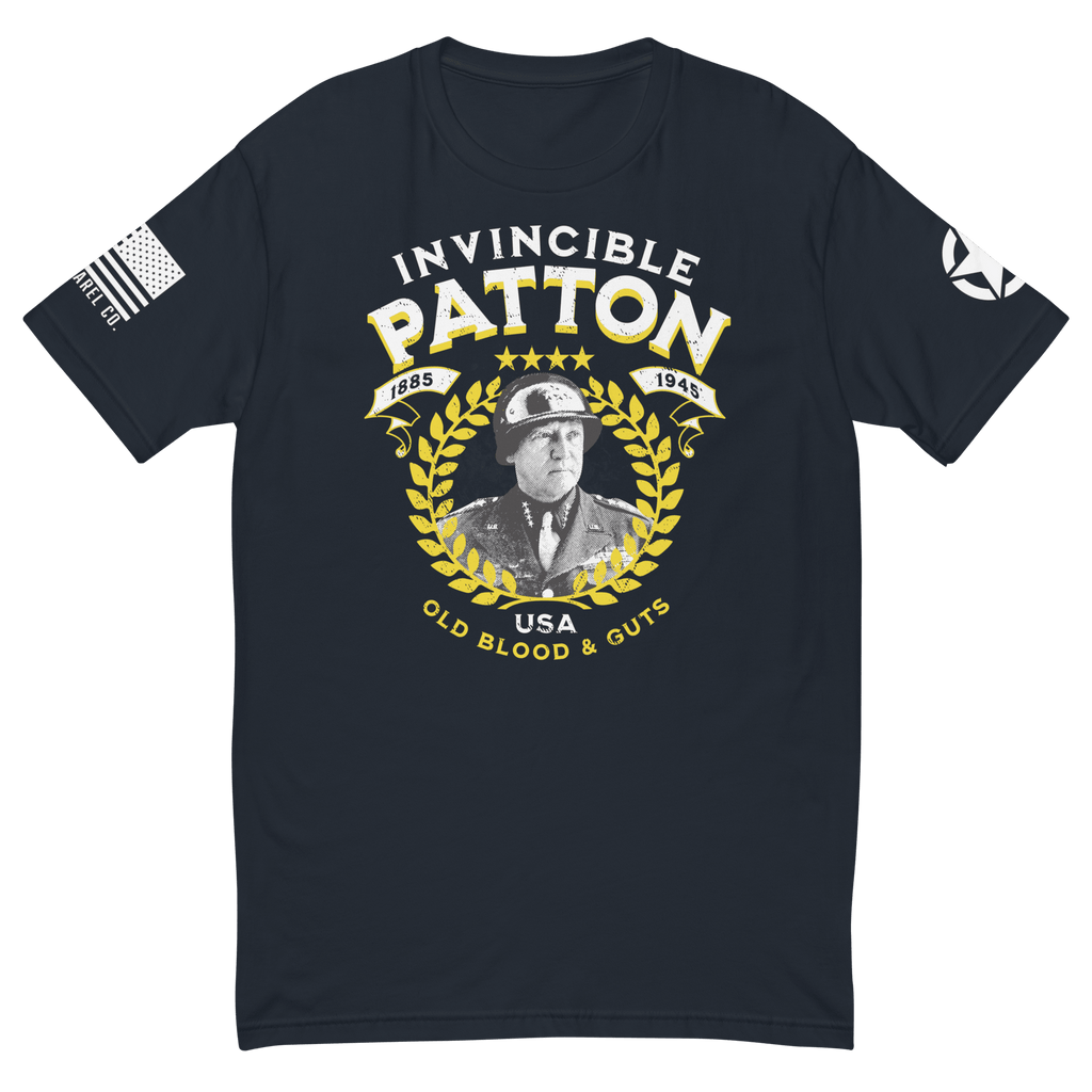 Navy t-shirt front view, featuring white and yellow "INVINCIBLE PATTON" text, George Patton graphic, and white star on sleeve