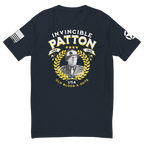 Navy t-shirt front view, featuring white and yellow "INVINCIBLE PATTON" text, George Patton graphic, and white star on sleeve