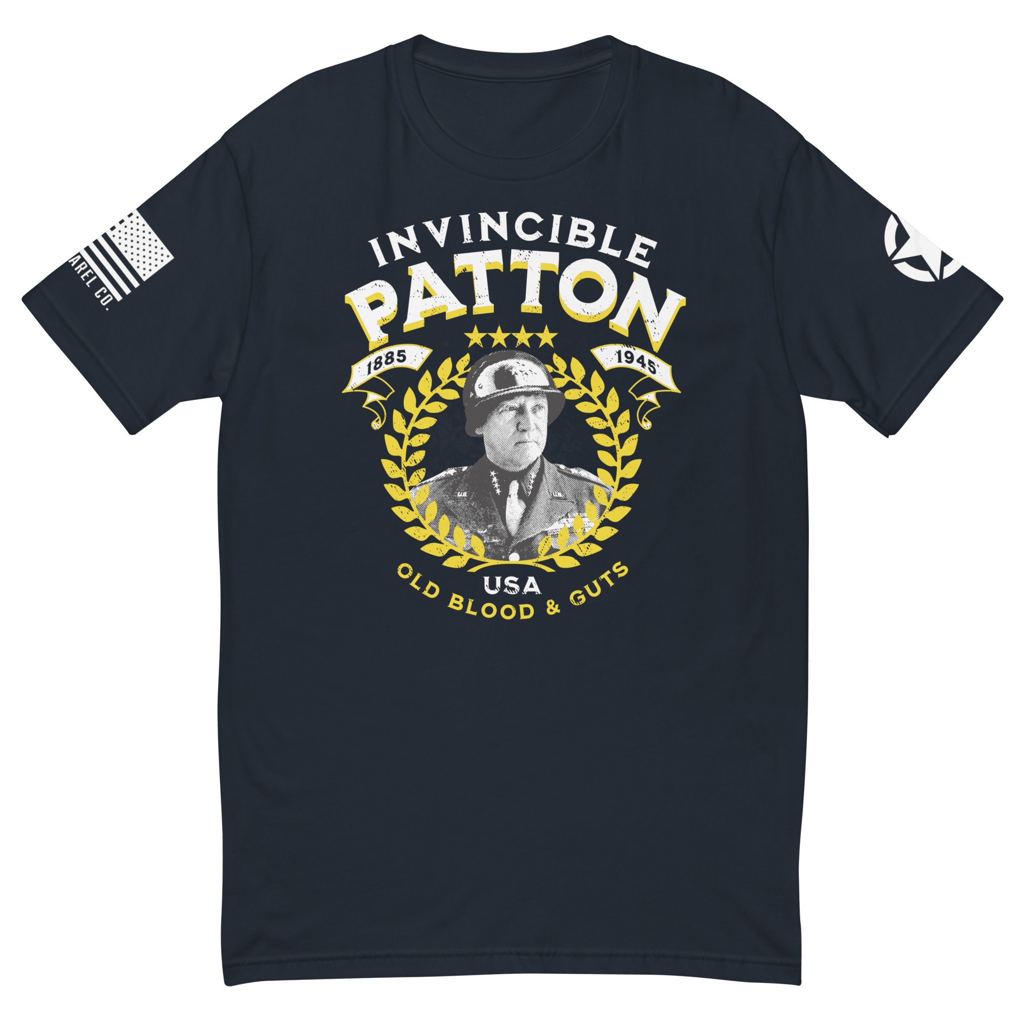 Navy t-shirt front view, featuring white and yellow "INVINCIBLE PATTON" text, George Patton graphic, and white star on sleeve