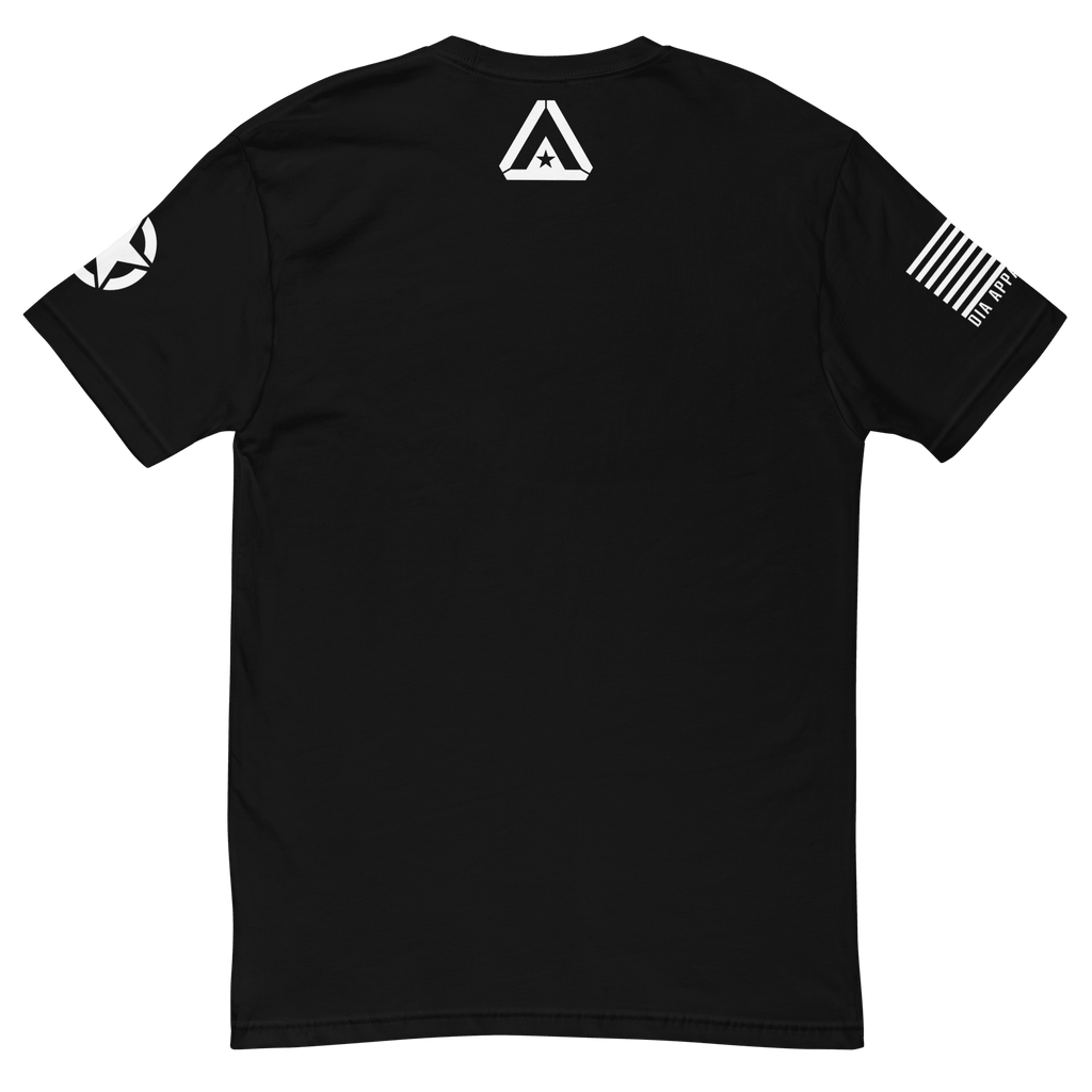 Black t-shirt back view, featuring a white DIA logo below the collar, with star and American flag sleeve graphics.