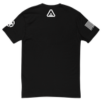 Black t-shirt back view, featuring a white DIA logo below the collar, with star and American flag sleeve graphics.