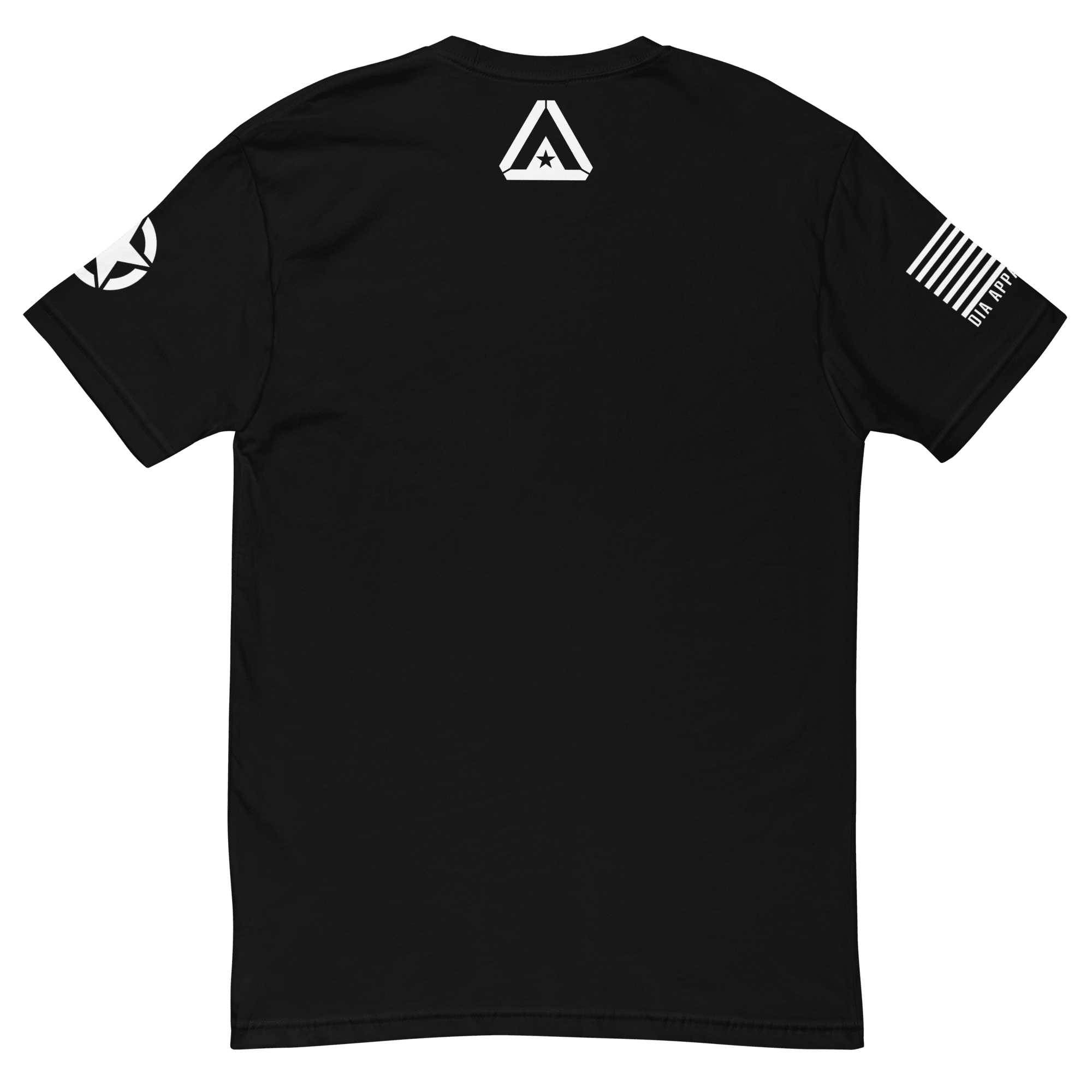 Black t-shirt back view, featuring a white DIA logo below the collar, with star and American flag sleeve graphics.