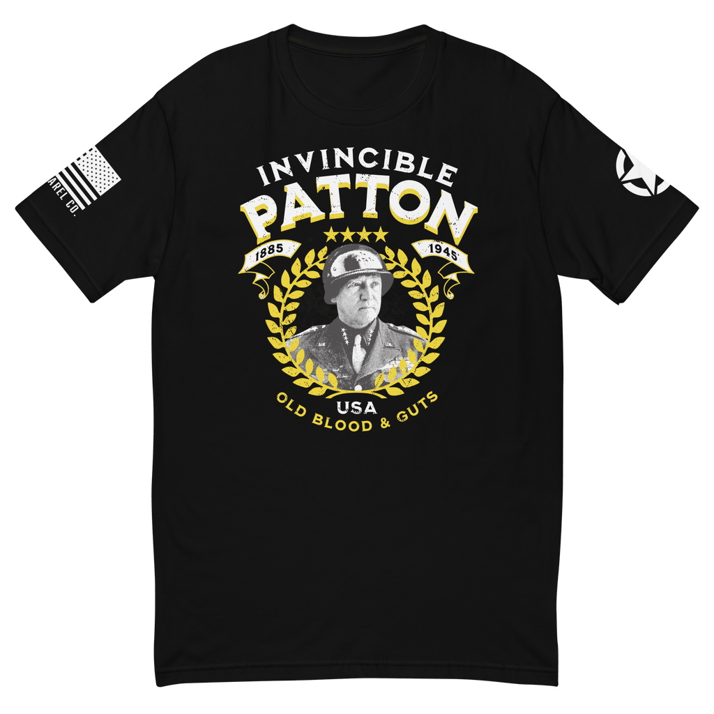 Black t-shirt front view, featuring "INVINCIBLE PATTON" text, a George Patton graphic, and an American flag.