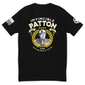 Black t-shirt front view, featuring "INVINCIBLE PATTON" text, a George Patton graphic, and an American flag.