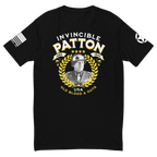 Black t-shirt front view, featuring "INVINCIBLE PATTON" text, a George Patton graphic, and an American flag.