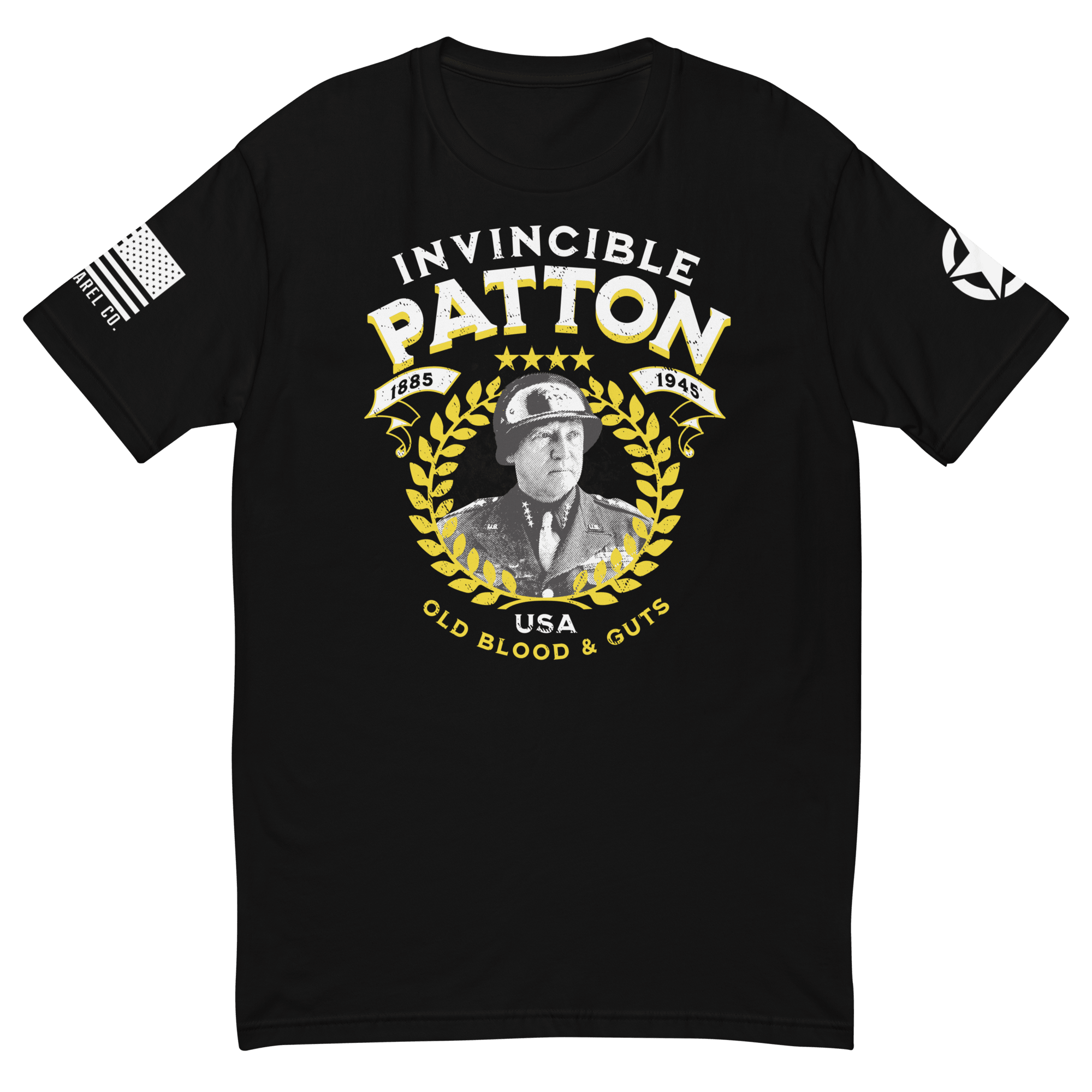 Black t-shirt front view, featuring "INVINCIBLE PATTON" text, a George Patton graphic, and an American flag.