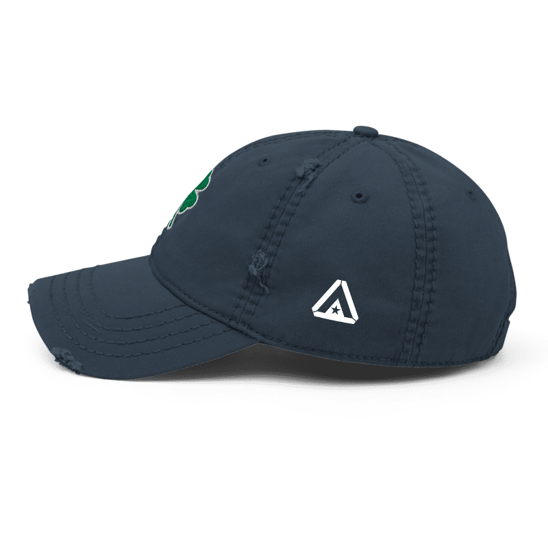 Navy blue distressed cap, shown from a left-side view, featuring a white DIA logo and a green shamrock on the front.