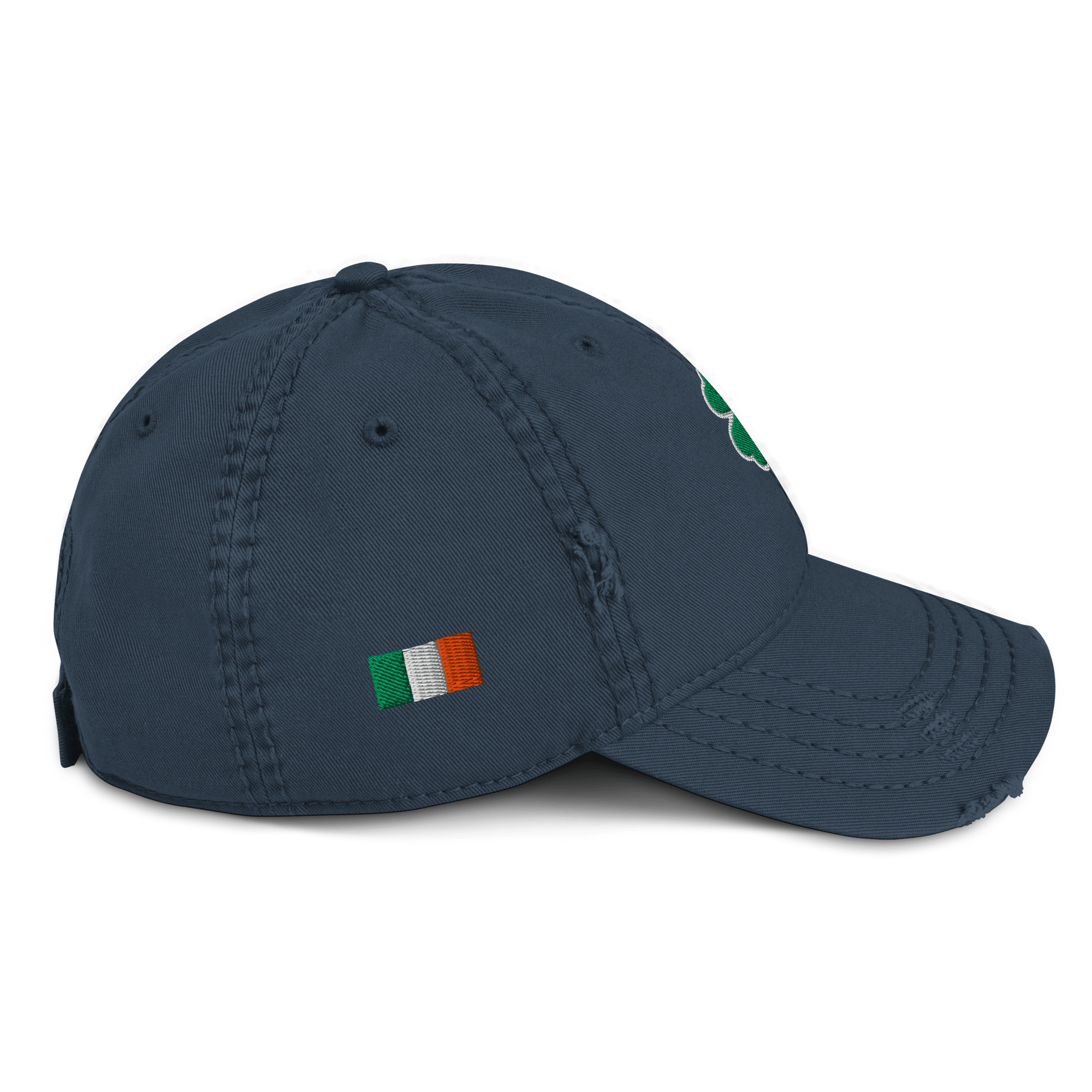 Navy blue hat shown from a right side view, with a green four-leaf clover, and a small Irish flag patch.