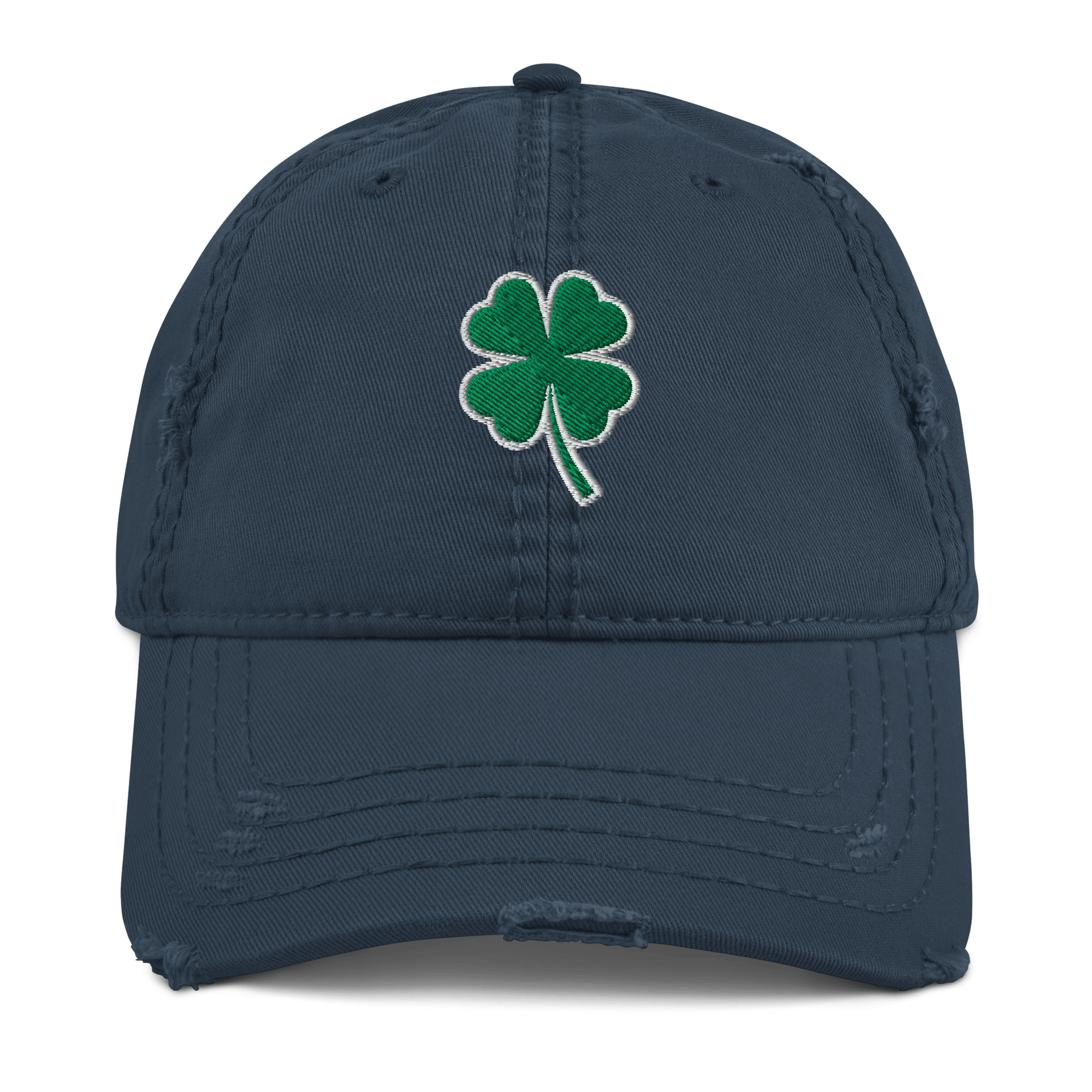 Front view of a navy blue hat with a green clover