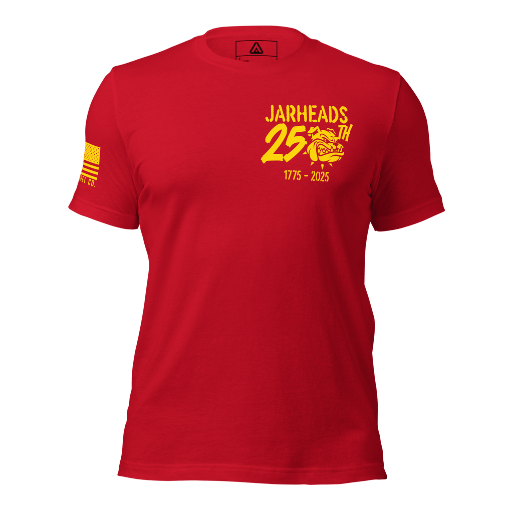 Red t-shirt featuring a yellow "Jarheads 250th" bulldog graphic and an American flag on the sleeve.