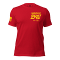 Red t-shirt featuring a yellow "Jarheads 250th" bulldog graphic and an American flag on the sleeve.