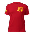 Red t-shirt featuring a yellow "Jarheads 250th" bulldog graphic and an American flag on the sleeve.