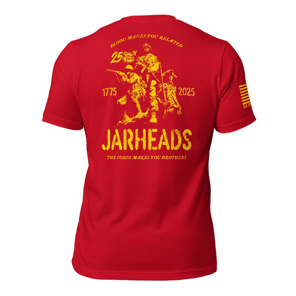 Red t-shirt featuring a yellow back graphic with three Marines, the text "Jarheads," "1775-2025," and an American flag on the sleeve.