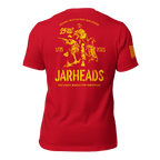 Red t-shirt featuring a yellow back graphic with three Marines, the text "Jarheads," "1775-2025," and an American flag on the sleeve.