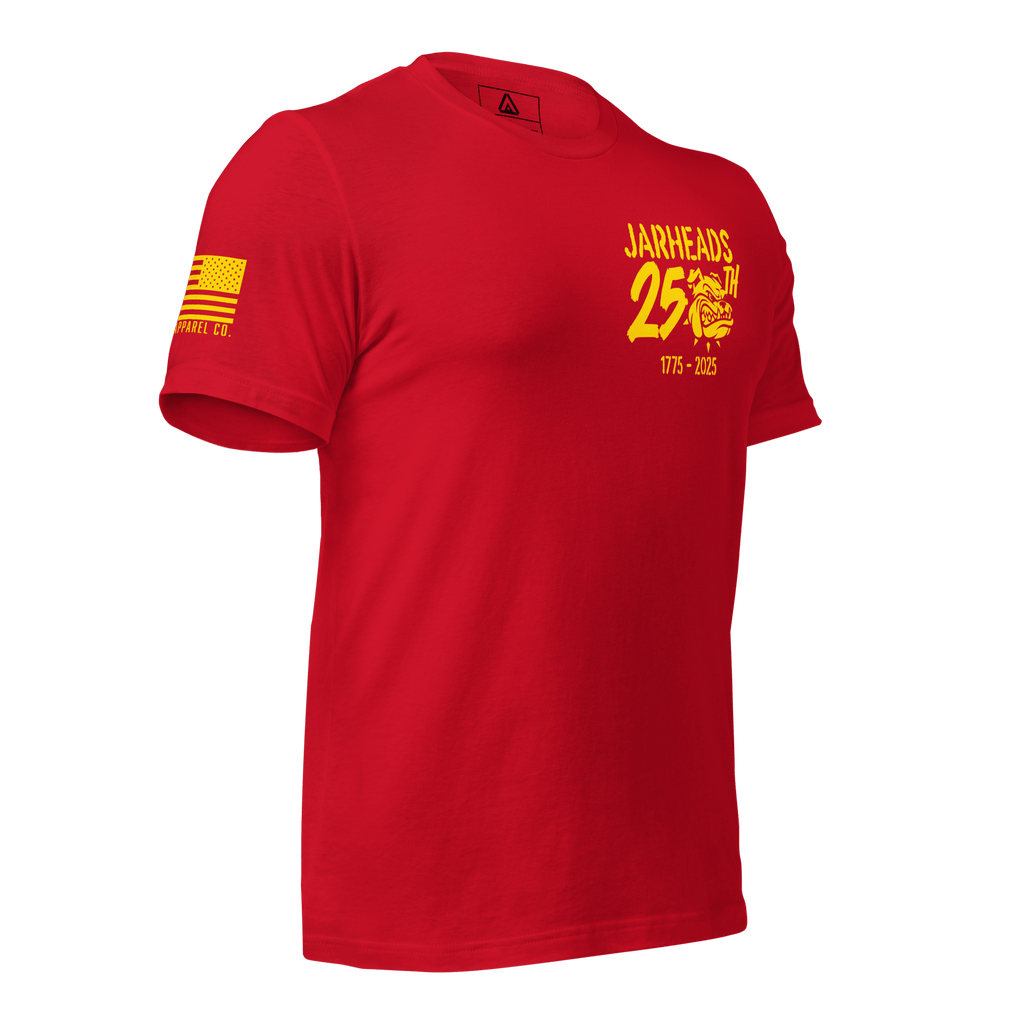 Red t-shirt shown from a three-quarter view, featuring a yellow "Jarheads 250th" graphic and an American flag on the sleeve.