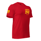 Red t-shirt shown from a three-quarter view, featuring a yellow "Jarheads 250th" graphic and an American flag on the sleeve.