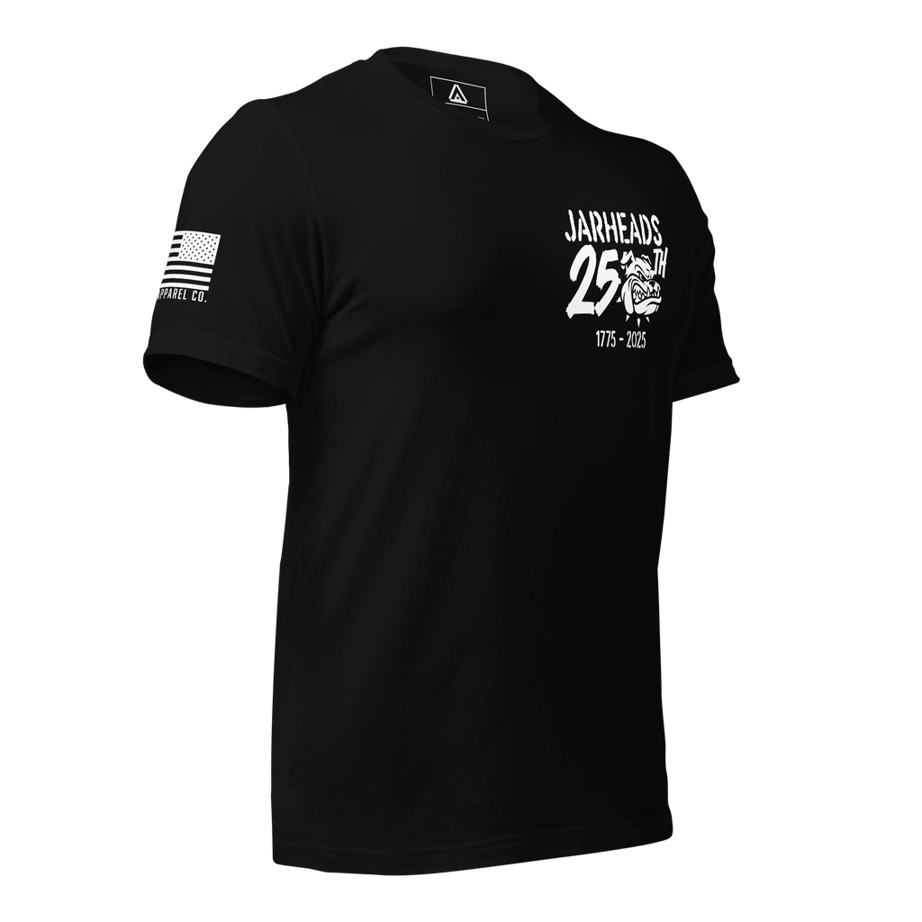 Black t-shirt shown from a three-quarter view, with a white "Jarheads 250th" graphic and an American flag on the sleeve.