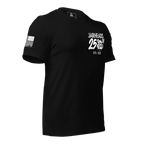 Black t-shirt shown from a three-quarter view, with a white "Jarheads 250th" graphic and an American flag on the sleeve.