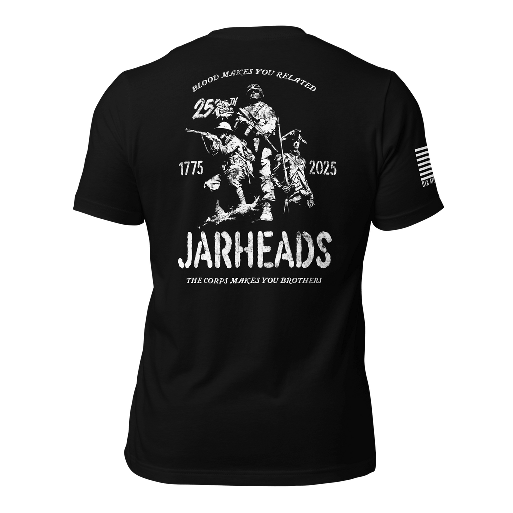 Black t-shirt featuring a back graphic with three Marines, the text "Jarheads," "1775-2025," and an American flag on the sleeve.