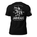 Black t-shirt featuring a back graphic with three Marines, the text "Jarheads," "1775-2025," and an American flag on the sleeve.