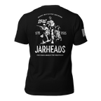 Black t-shirt featuring a back graphic with three Marines, the text "Jarheads," "1775-2025," and an American flag on the sleeve.