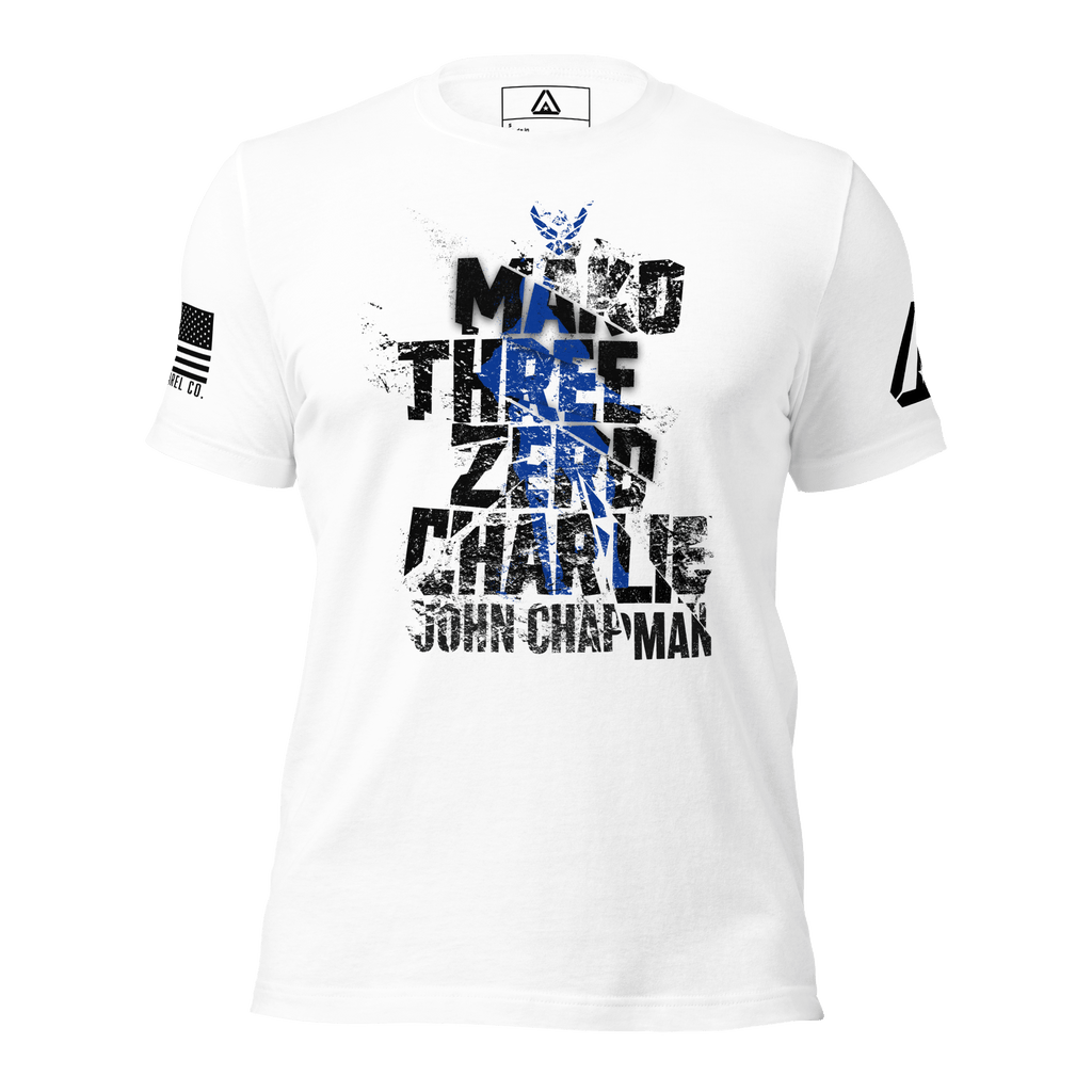 White t-shirt featuring John Chapman graphic, blue silhouette, black DIA logo, and black American flag.