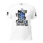 White t-shirt featuring John Chapman graphic, blue silhouette, black DIA logo, and black American flag.