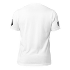 White t-shirt, back view, with a black American flag on the right sleeve, and a DIA logo on the left.
