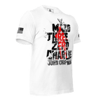 White t-shirt, angled toward the left, with "MAKO THREE ZERO CHARLIE" text, and American flag graphic.
