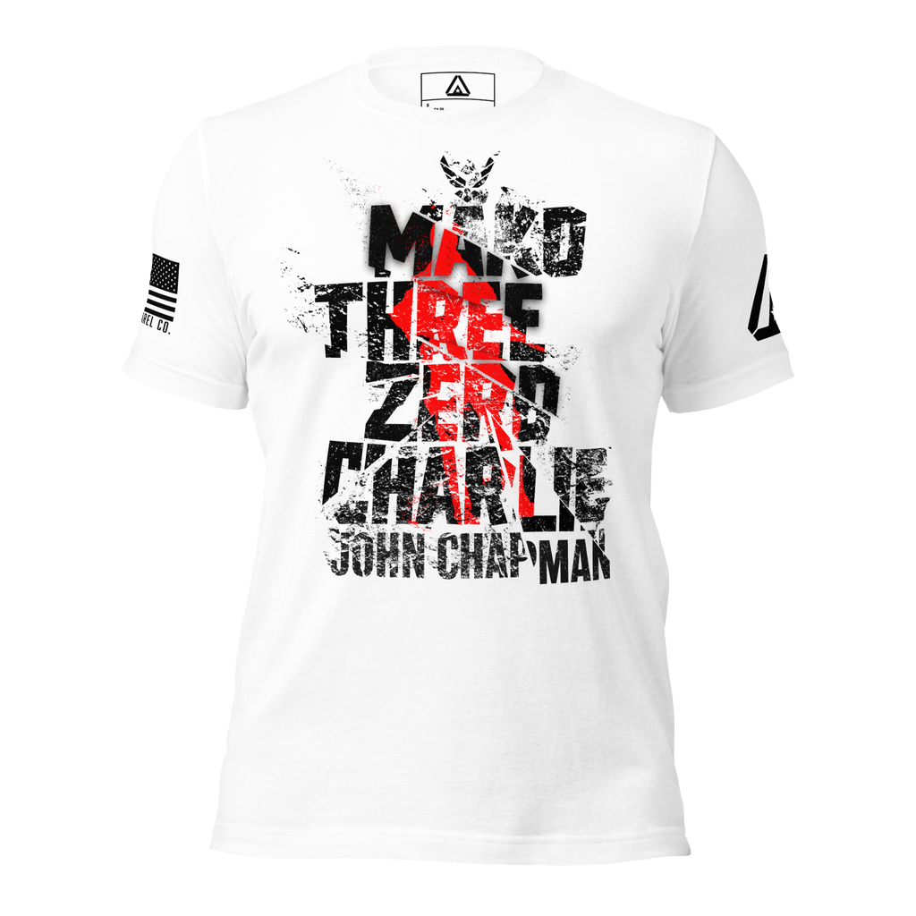 White t-shirt with distressed "Mako Three Zero Charlie John Chapman" text, red graphic, and American flag sleeve patch.