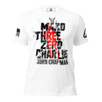 White t-shirt with distressed "Mako Three Zero Charlie John Chapman" text, red graphic, and American flag sleeve patch.
