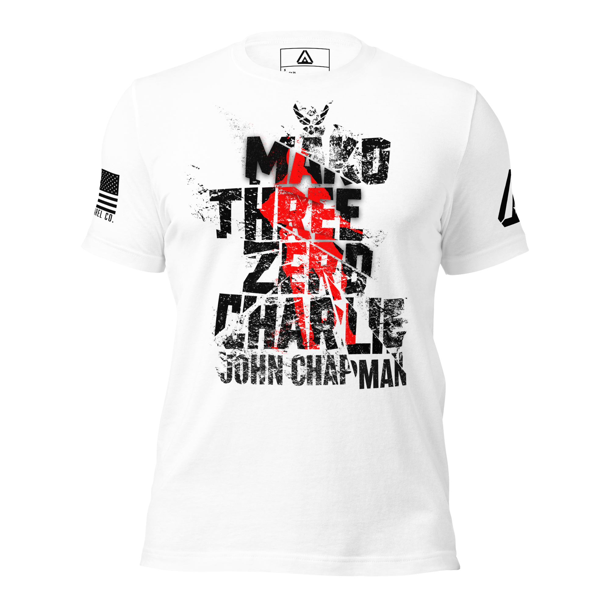White t-shirt with distressed "Mako Three Zero Charlie John Chapman" text, red graphic, and American flag sleeve patch.
