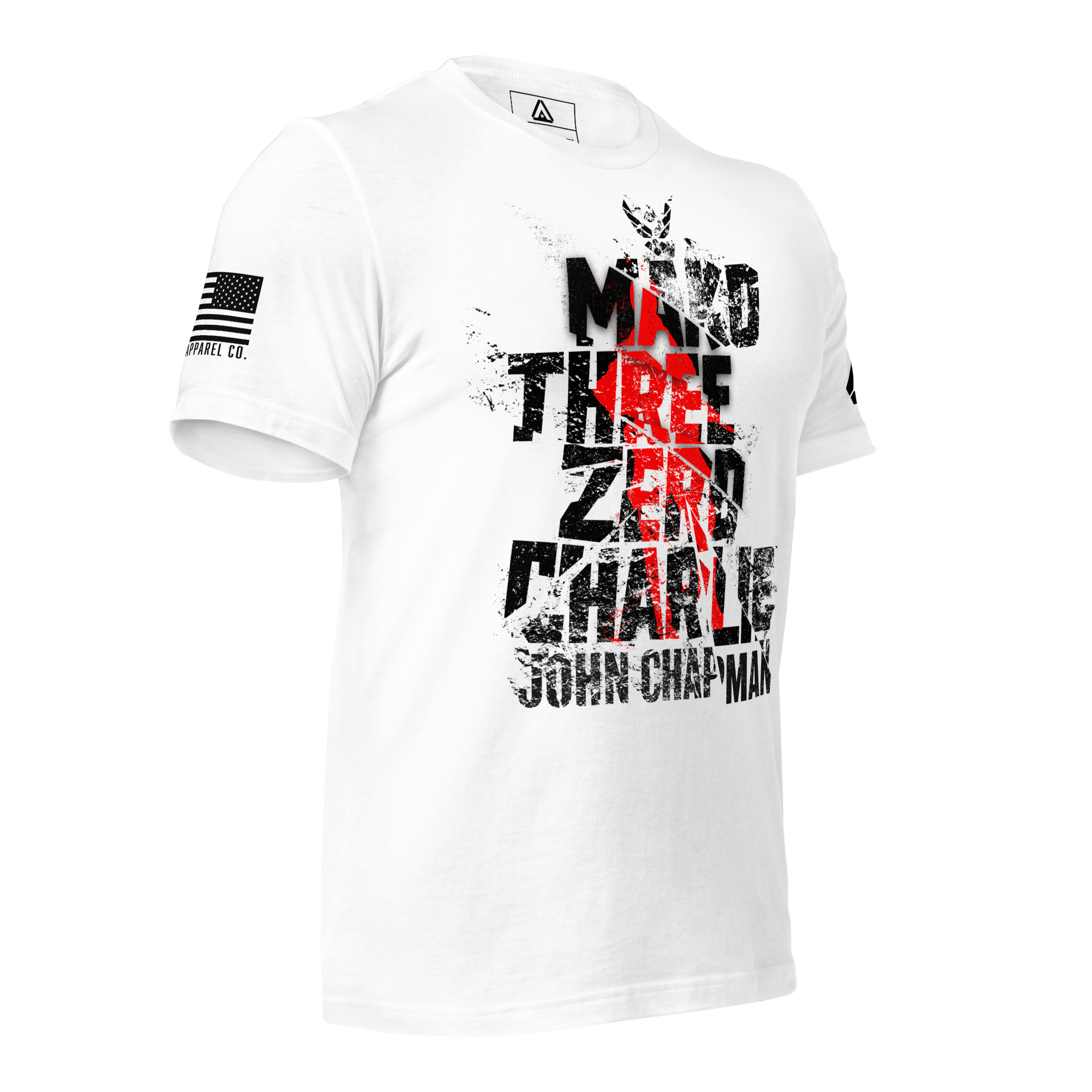 White t-shirt angled right, featuring distressed "Mako Three Zero Charlie John Chapman" text with American flag sleeve patch.