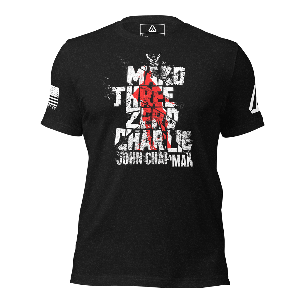 Black t-shirt, front view, with white and red "MAKO THREE ZERO CHARLIE" text, and American flag sleeve, and DIA logo.